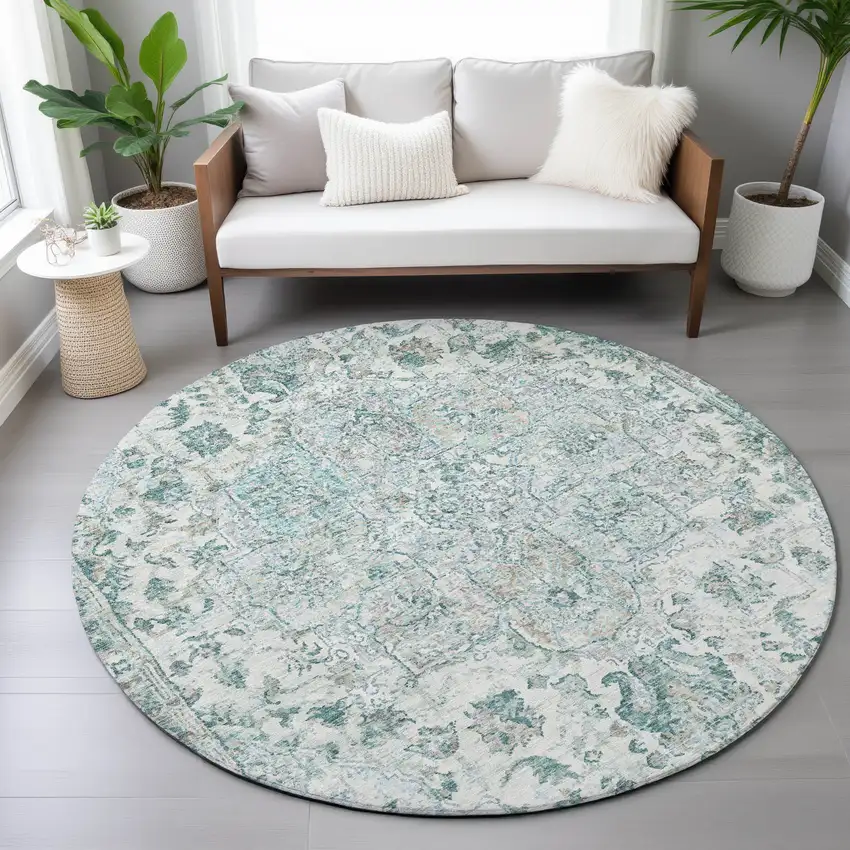8' Teal Blue Ivory And Pale Aqua Round Floral Medallion Washable Indoor Outdoor Area Rug Photo 7