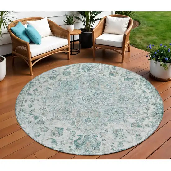 8' Teal Blue Ivory And Pale Aqua Round Floral Medallion Washable Indoor Outdoor Area Rug Photo 2