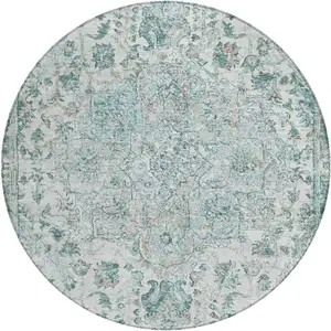 Photo of 8' Teal Blue Ivory And Pale Aqua Round Floral Medallion Washable Indoor Outdoor Area Rug
