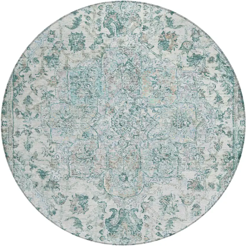 8' Teal Blue Ivory And Pale Aqua Round Floral Medallion Washable Indoor Outdoor Area Rug Photo 1