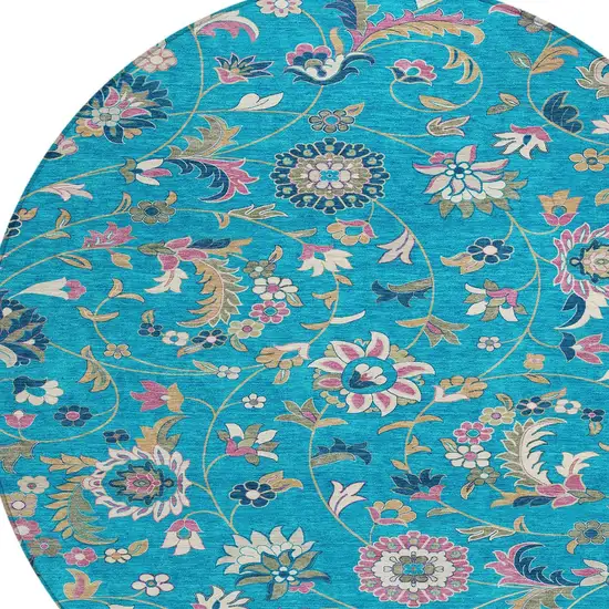 8' Teal Blue Ivory And Pink Round Floral Washable Indoor Outdoor Area Rug Photo 5