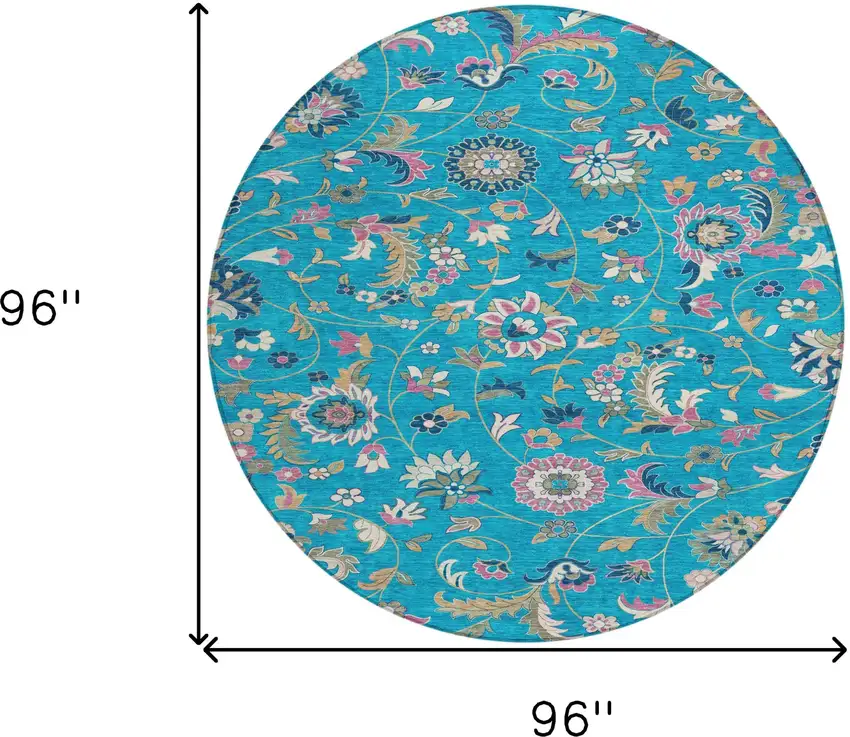 8' Teal Blue Ivory And Pink Round Floral Washable Indoor Outdoor Area Rug Photo 3