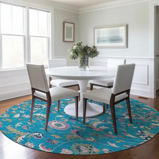8' Teal Blue Ivory And Pink Round Floral Washable Indoor Outdoor Area Rug Photo 8
