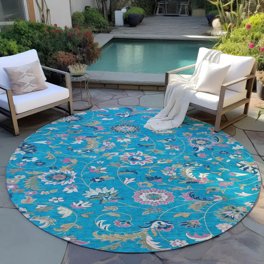 8' Teal Blue Ivory And Pink Round Floral Washable Indoor Outdoor Area Rug Photo 7