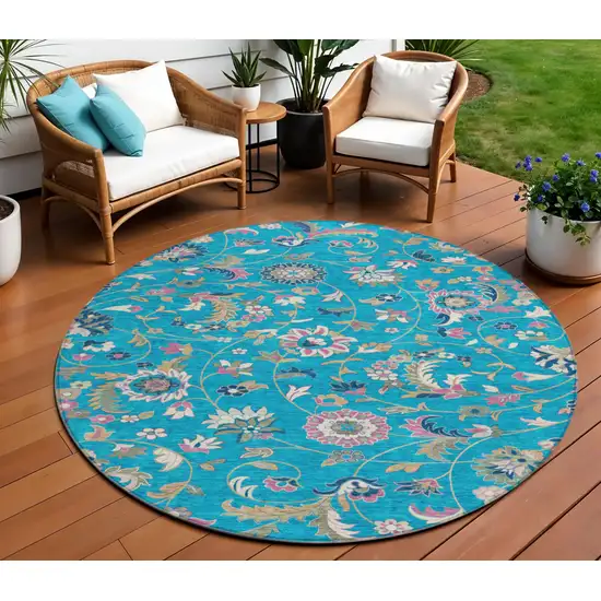 8' Teal Blue Ivory And Pink Round Floral Washable Indoor Outdoor Area Rug Photo 1