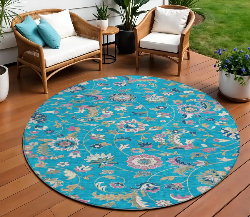 8' Teal Blue Ivory And Pink Round Floral Washable Indoor Outdoor Area Rug Photo 1