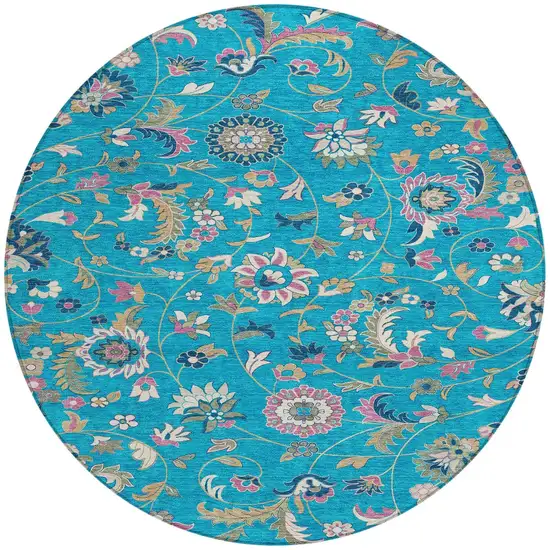 8' Teal Blue Ivory And Pink Round Floral Washable Indoor Outdoor Area Rug Photo 6