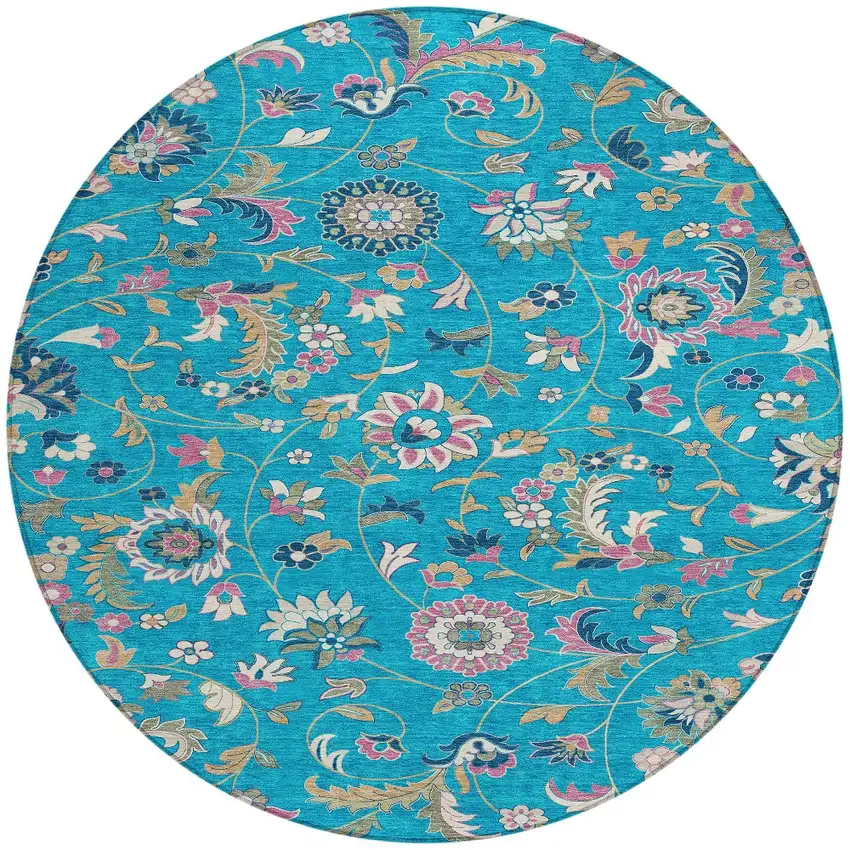 8' Teal Blue Ivory And Pink Round Floral Washable Indoor Outdoor Area Rug Photo 6