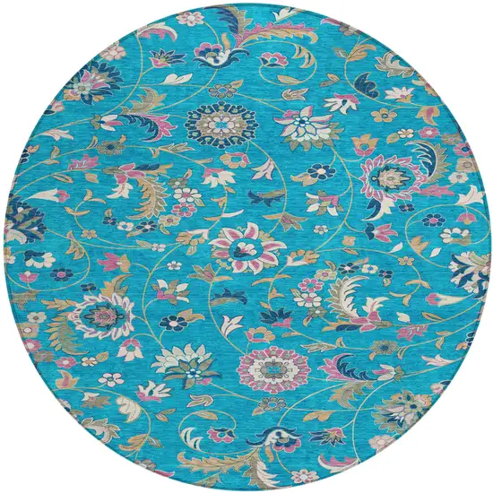 8' Teal Blue Ivory And Pink Round Floral Washable Indoor Outdoor Area Rug Photo 2