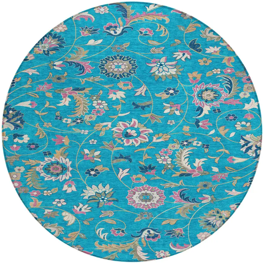 8' Teal Blue Ivory And Pink Round Floral Washable Indoor Outdoor Area Rug Photo 2
