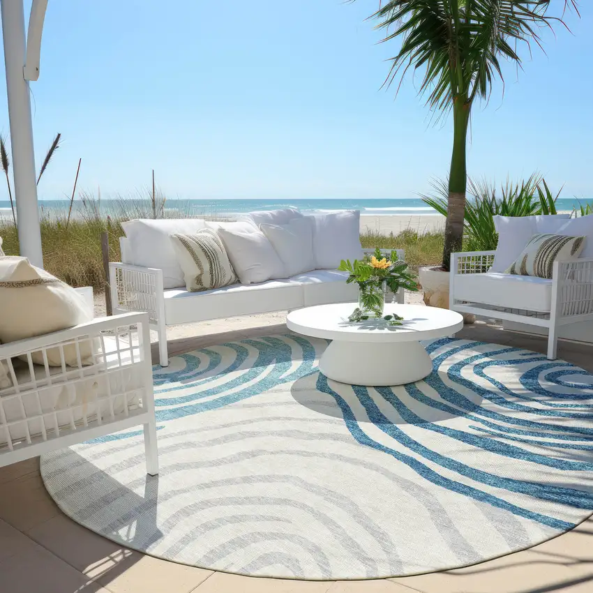 8' Teal Blue Ivory And Silver Round Abstract Washable Indoor Outdoor Area Rug Photo 5