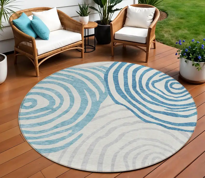 8' Teal Blue Ivory And Silver Round Abstract Washable Indoor Outdoor Area Rug Photo 1