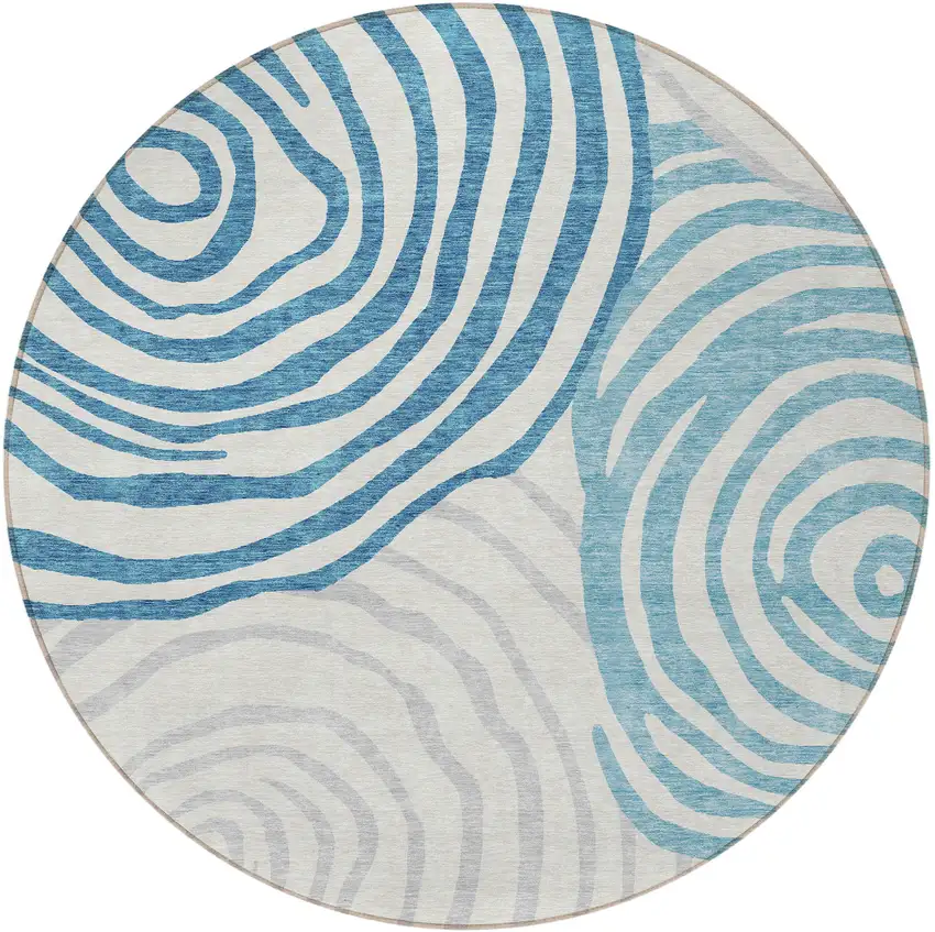8' Teal Blue Ivory And Silver Round Abstract Washable Indoor Outdoor Area Rug Photo 4
