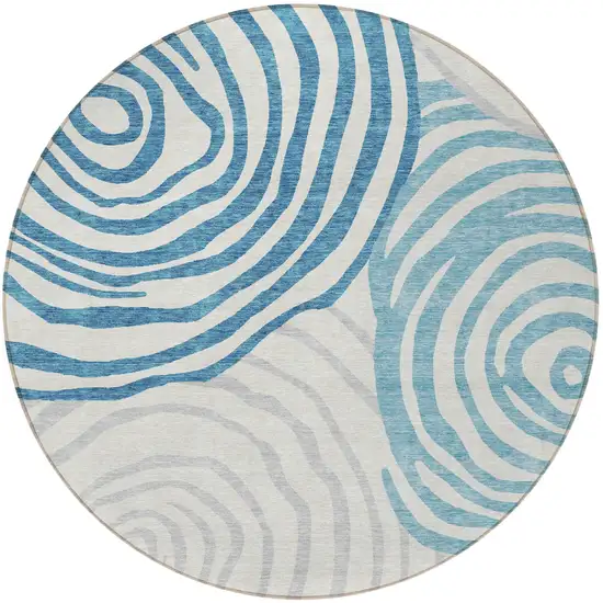 8' Teal Blue Ivory And Silver Round Abstract Washable Indoor Outdoor Area Rug Photo 4
