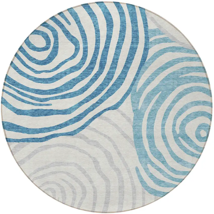 8' Teal Blue Ivory And Silver Round Abstract Washable Indoor Outdoor Area Rug Photo 4