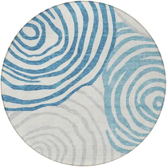 8' Teal Blue Ivory And Silver Round Abstract Washable Indoor Outdoor Area Rug Photo 4
