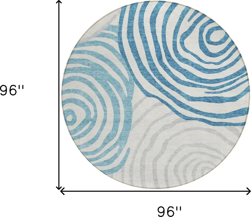 8' Teal Blue Ivory And Silver Round Abstract Washable Indoor Outdoor Area Rug Photo 7