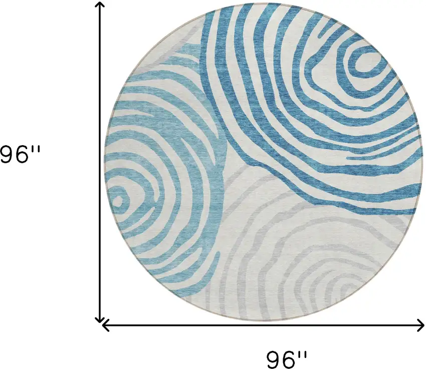 8' Teal Blue Ivory And Silver Round Abstract Washable Indoor Outdoor Area Rug Photo 7