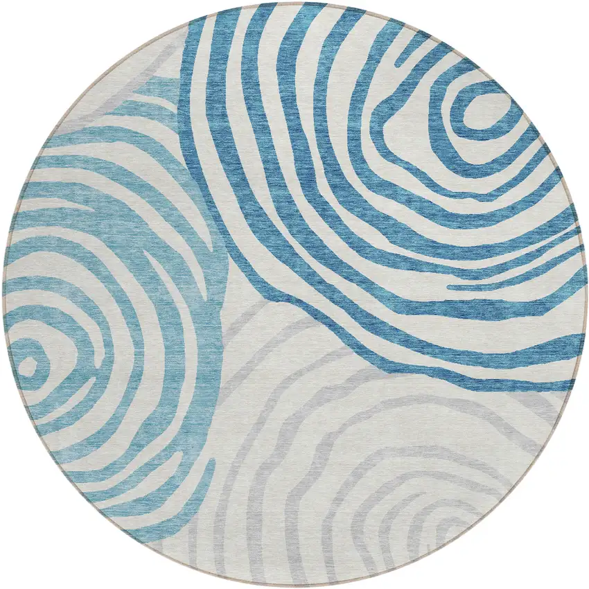 8' Teal Blue Ivory And Silver Round Abstract Washable Indoor Outdoor Area Rug Photo 1