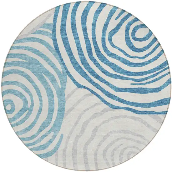 8' Teal Blue Ivory And Silver Round Abstract Washable Indoor Outdoor Area Rug Photo 1