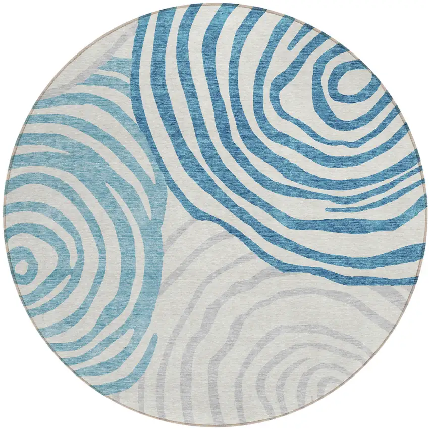 8' Teal Blue Ivory And Silver Round Abstract Washable Indoor Outdoor Area Rug Photo 1