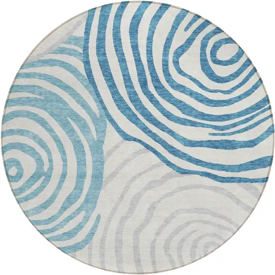 8' Teal Blue Ivory And Silver Round Abstract Washable Indoor Outdoor Area Rug Photo 1