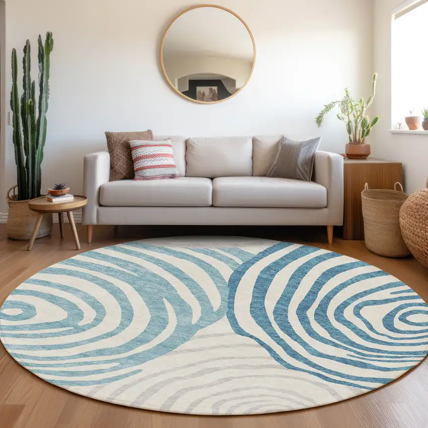 8' Teal Blue Ivory And Silver Round Abstract Washable Indoor Outdoor Area Rug Photo 6