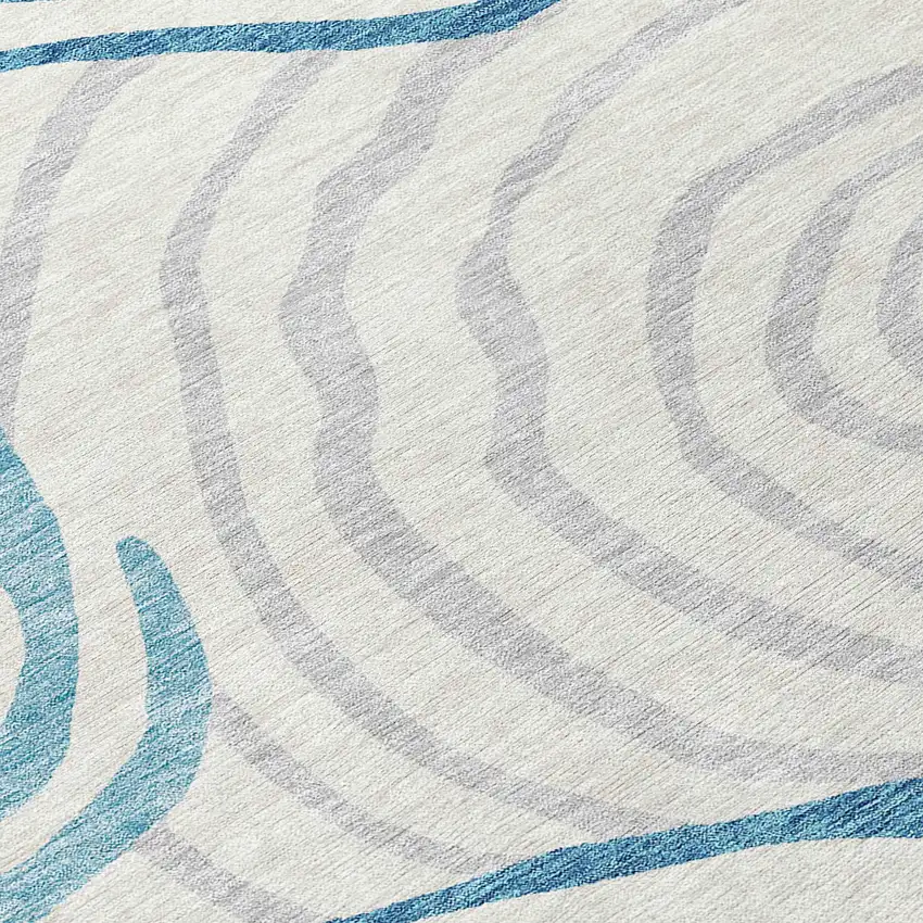 8' Teal Blue Ivory And Silver Round Abstract Washable Indoor Outdoor Area Rug Photo 8