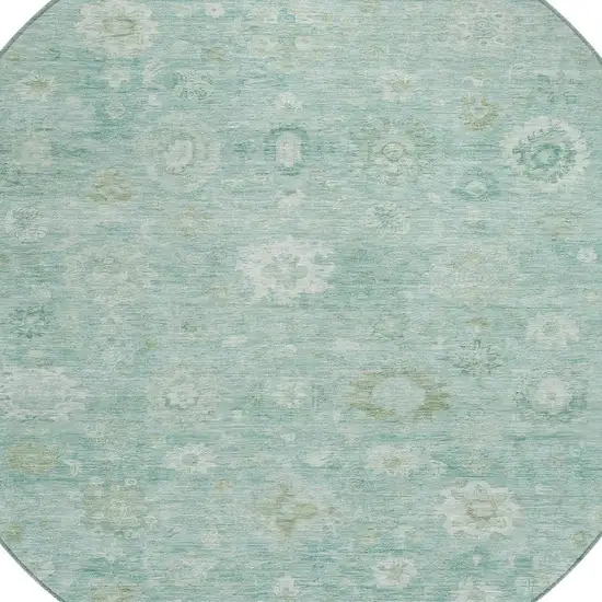 8' Teal Blue Ivory And Tan Round Damask Washable Indoor Outdoor Area Rug Photo 4