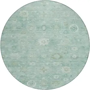 Photo of 8' Teal Blue Ivory And Tan Round Damask Washable Indoor Outdoor Area Rug