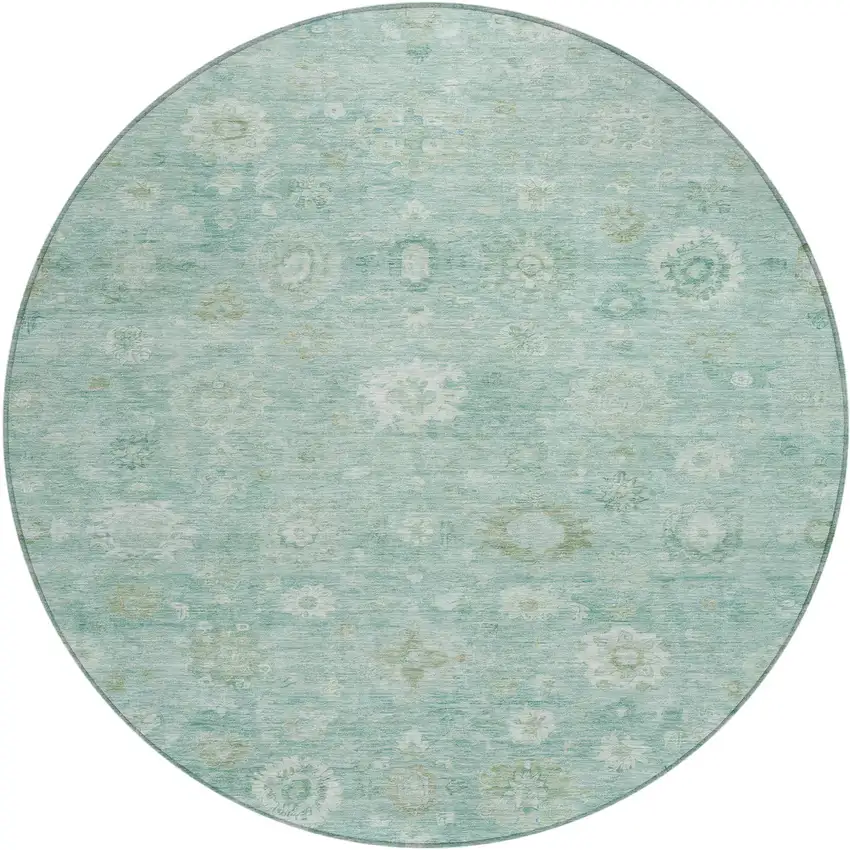 8' Teal Blue Ivory And Tan Round Damask Washable Indoor Outdoor Area Rug Photo 1