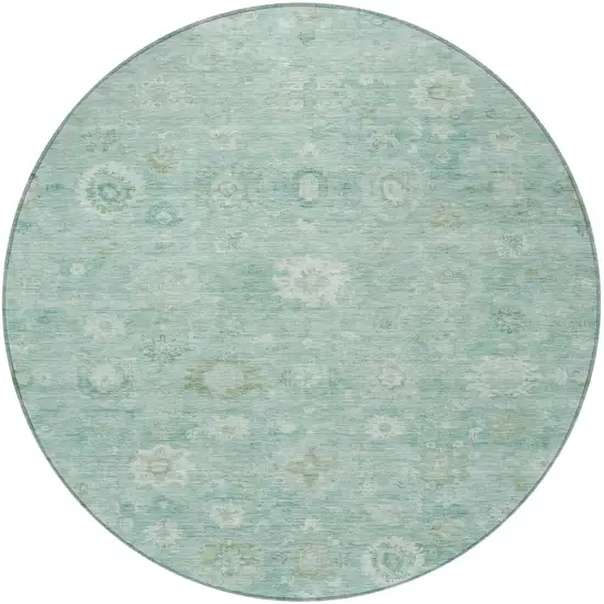 8' Teal Blue Ivory And Tan Round Damask Washable Indoor Outdoor Area Rug Photo 3
