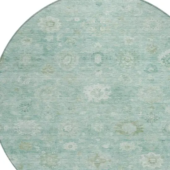 8' Teal Blue Ivory And Tan Round Damask Washable Indoor Outdoor Area Rug Photo 8
