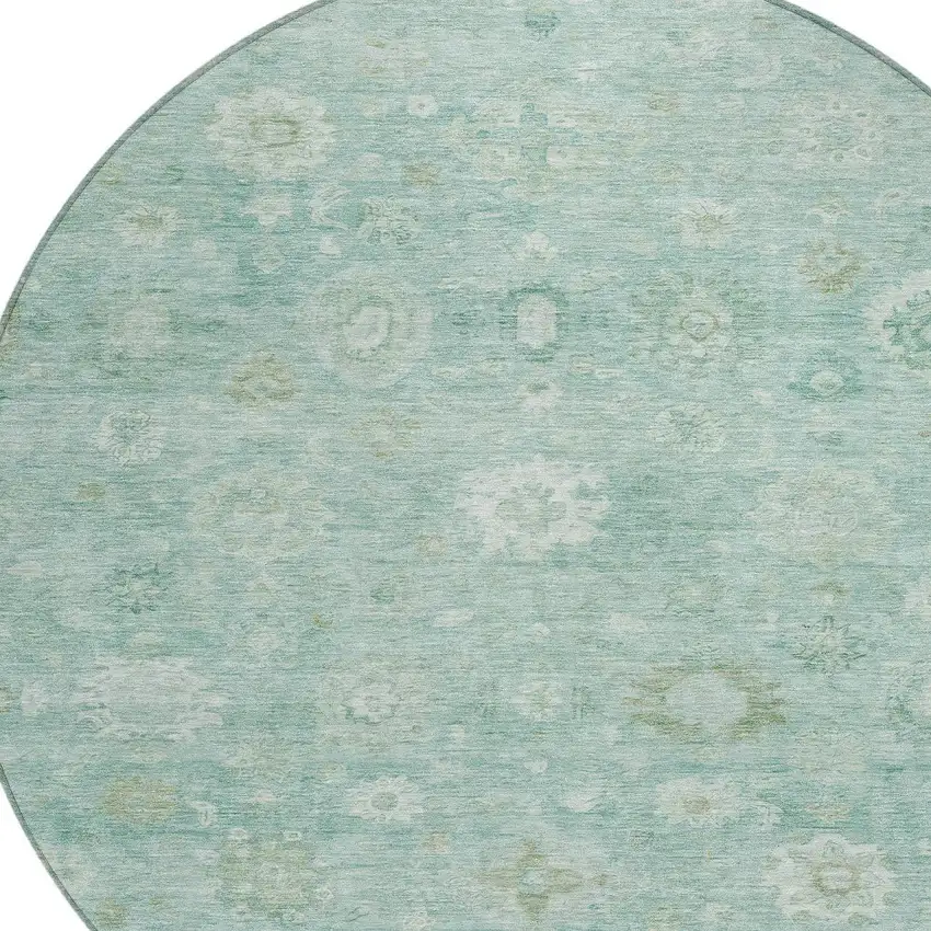 8' Teal Blue Ivory And Tan Round Damask Washable Indoor Outdoor Area Rug Photo 8