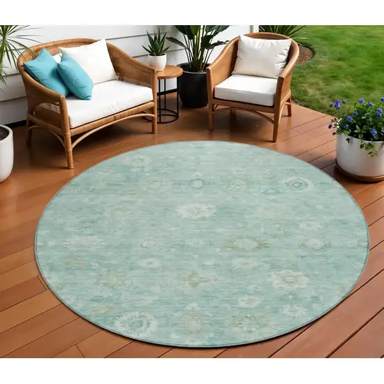 8' Teal Blue Ivory And Tan Round Damask Washable Indoor Outdoor Area Rug Photo 2