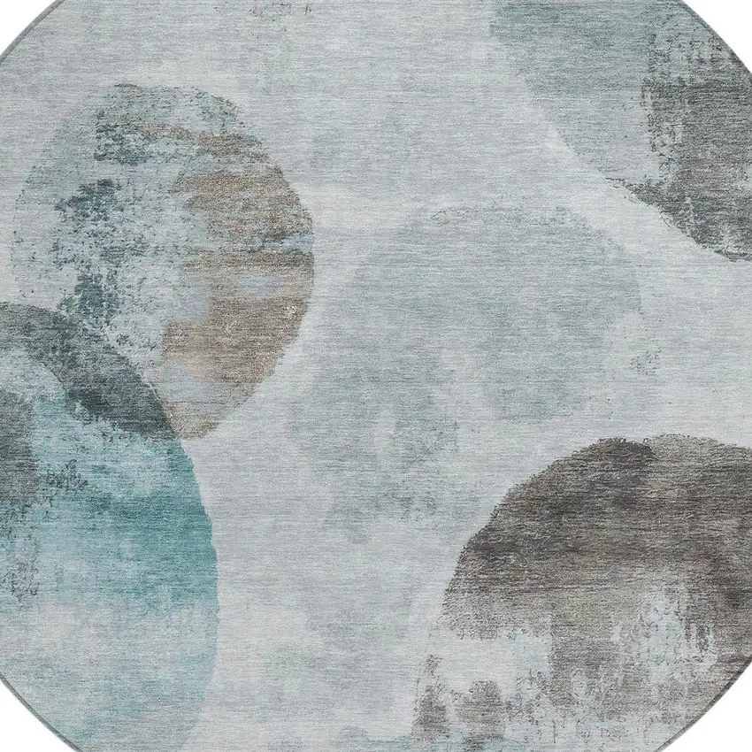 8' Teal Blue Ivory And Taupe Round Abstract Washable Indoor Outdoor Area Rug Photo 7