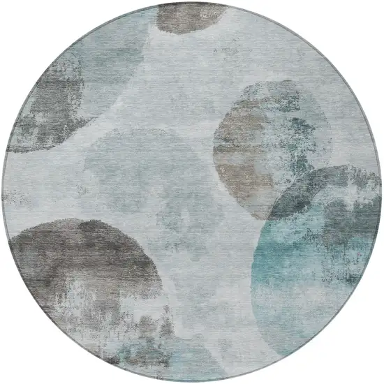 8' Teal Blue Ivory And Taupe Round Abstract Washable Indoor Outdoor Area Rug Photo 4