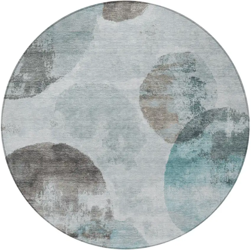 8' Teal Blue Ivory And Taupe Round Abstract Washable Indoor Outdoor Area Rug Photo 4