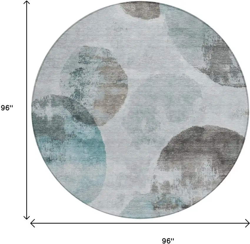 8' Teal Blue Ivory And Taupe Round Abstract Washable Indoor Outdoor Area Rug Photo 3