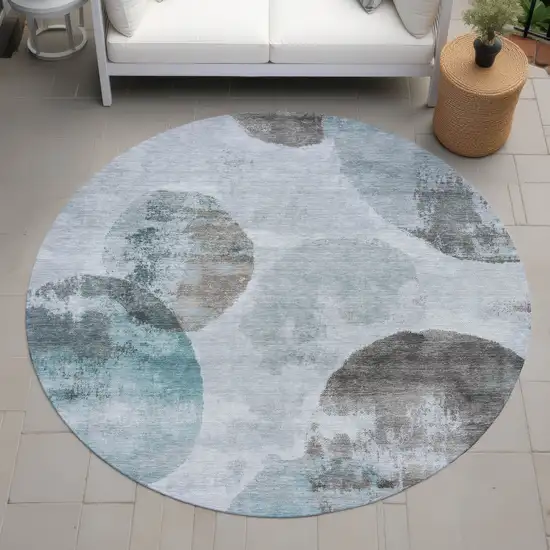 8' Teal Blue Ivory And Taupe Round Abstract Washable Indoor Outdoor Area Rug Photo 8