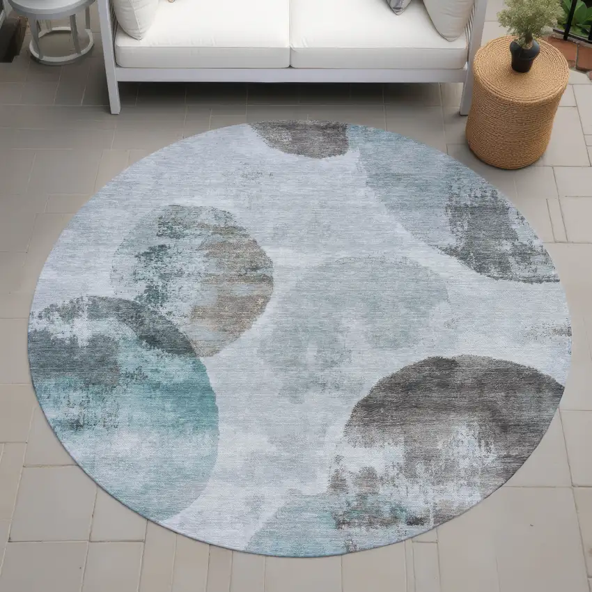 8' Teal Blue Ivory And Taupe Round Abstract Washable Indoor Outdoor Area Rug Photo 8