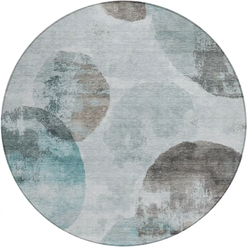 8' Teal Blue Ivory And Taupe Round Abstract Washable Indoor Outdoor Area Rug Photo 2