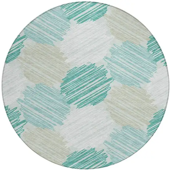 8' Teal Blue Ivory And Taupe Round Geometric Washable Indoor Outdoor Area Rug Photo 3