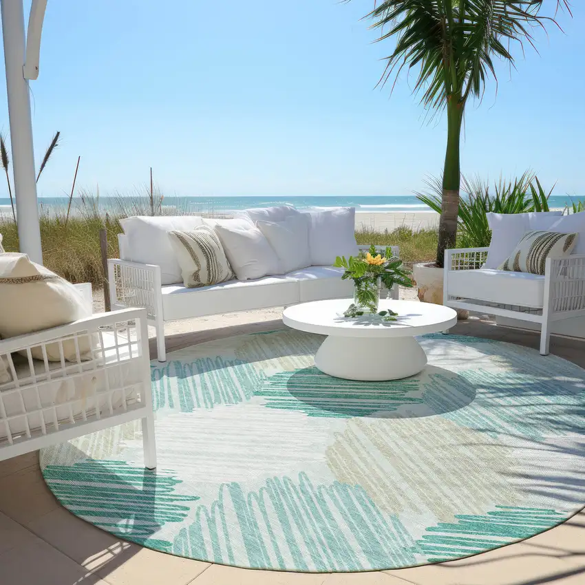 8' Teal Blue Ivory And Taupe Round Geometric Washable Indoor Outdoor Area Rug Photo 5