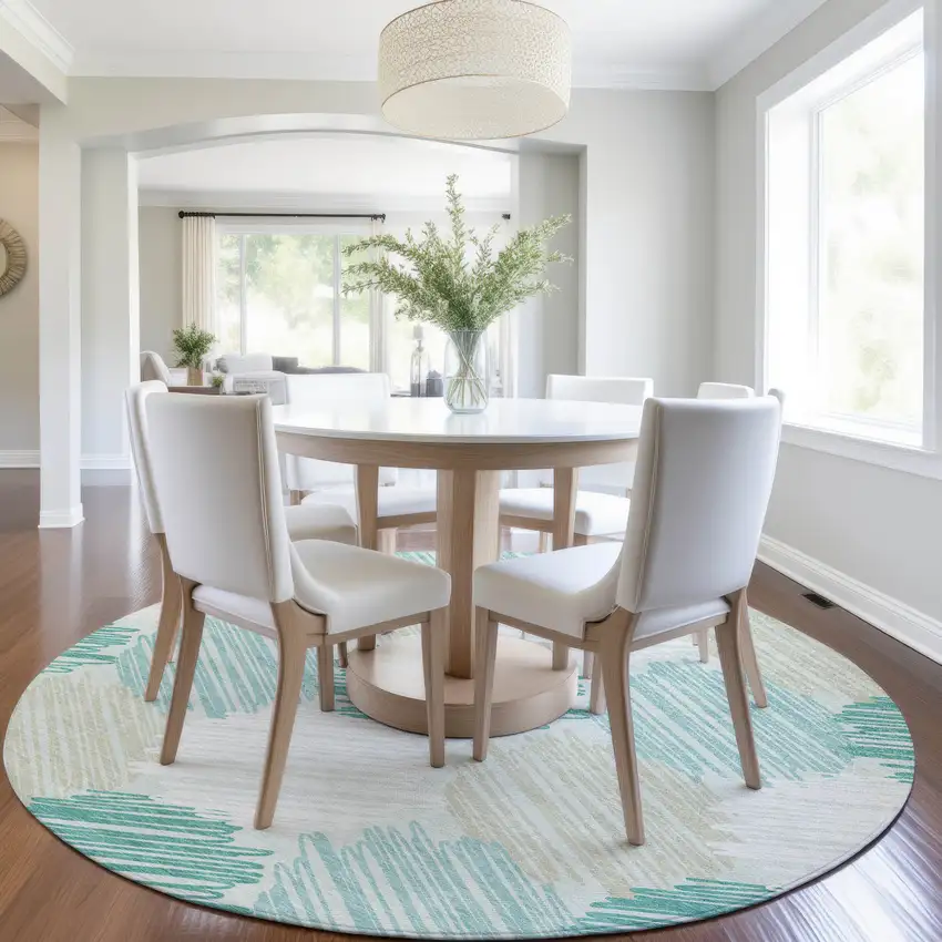 8' Teal Blue Ivory And Taupe Round Geometric Washable Indoor Outdoor Area Rug Photo 6