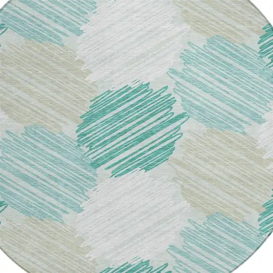 8' Teal Blue Ivory And Taupe Round Geometric Washable Indoor Outdoor Area Rug Photo 8