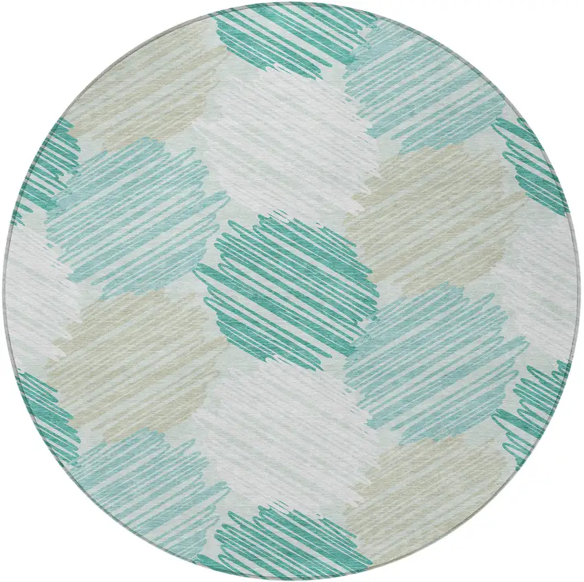 8' Teal Blue Ivory And Taupe Round Geometric Washable Indoor Outdoor Area Rug Photo 4