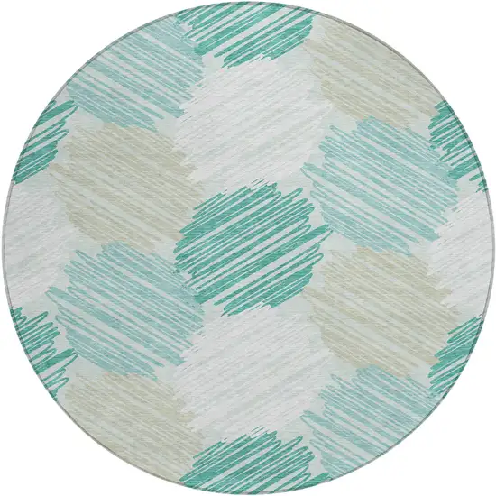 8' Teal Blue Ivory And Taupe Round Geometric Washable Indoor Outdoor Area Rug Photo 1