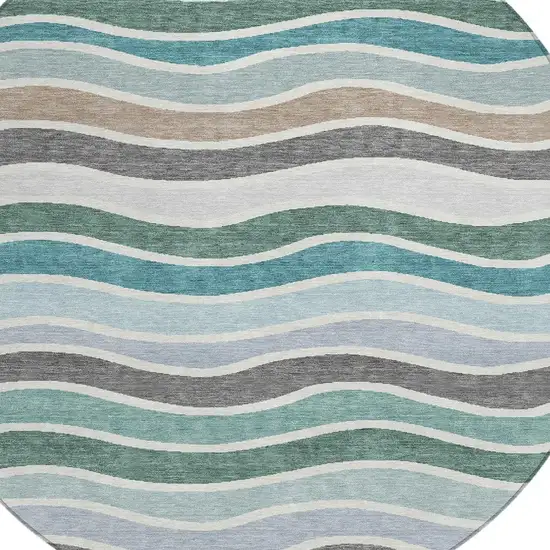 8' Teal Blue Khaki And Ivory Round Striped Washable Indoor Outdoor Area Rug Photo 7