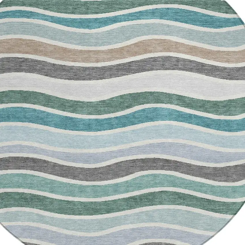 8' Teal Blue Khaki And Ivory Round Striped Washable Indoor Outdoor Area Rug Photo 7